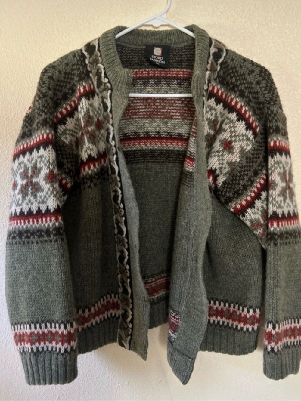 Hand-Knit Olive Fair Isle Nordic Cardigan Sweater with Red Accents